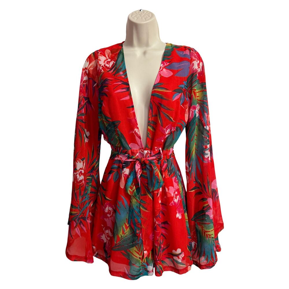 Red Floral Plunging Neckline Romper with Wide Bell Sleeves - Size M - Picture 3 of 11